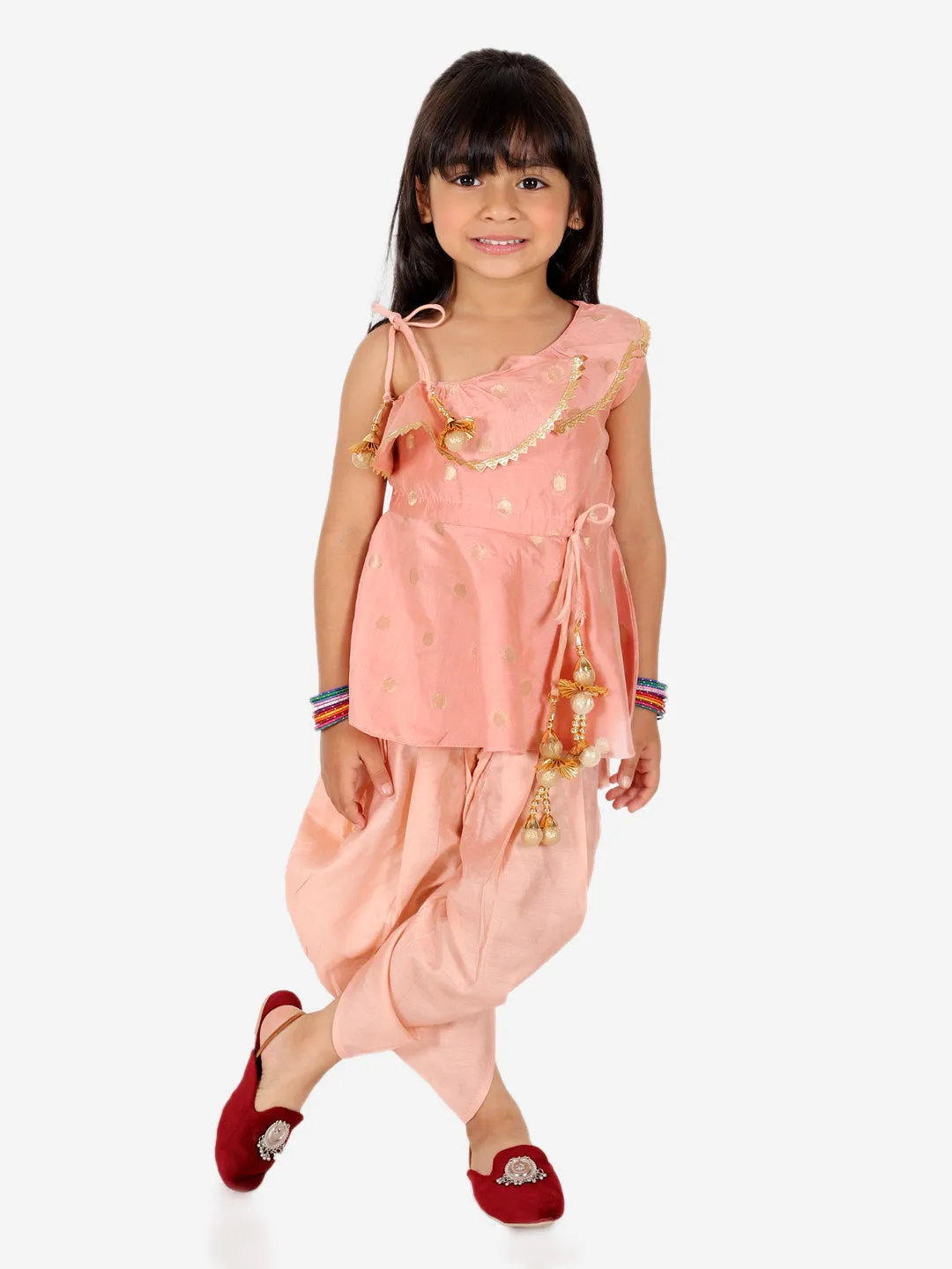 Girl's Silk Peach Dhoti Sets - Bownbee