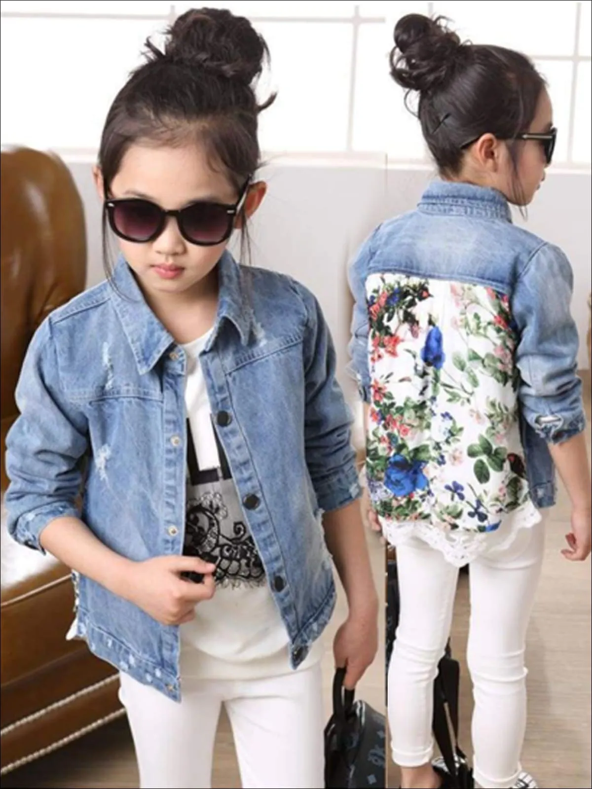 Girls Vintage Floral Print Distressed Denim Jacket