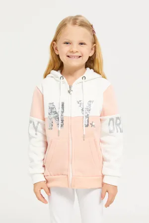 Girls White And Peach Hooded Sweatshirt