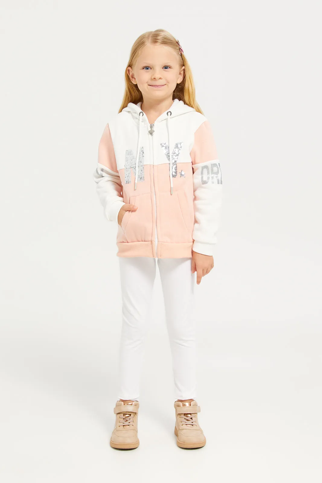 Girls White And Peach Hooded Sweatshirt