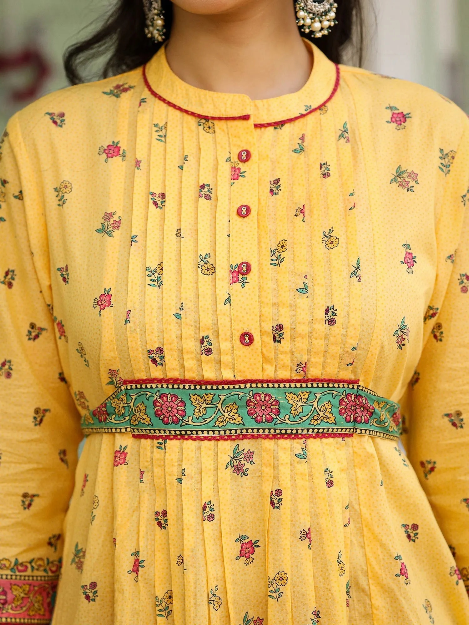 Jashvi  Mustard Floral Printed Cotton Voile Tunic With Lace Work