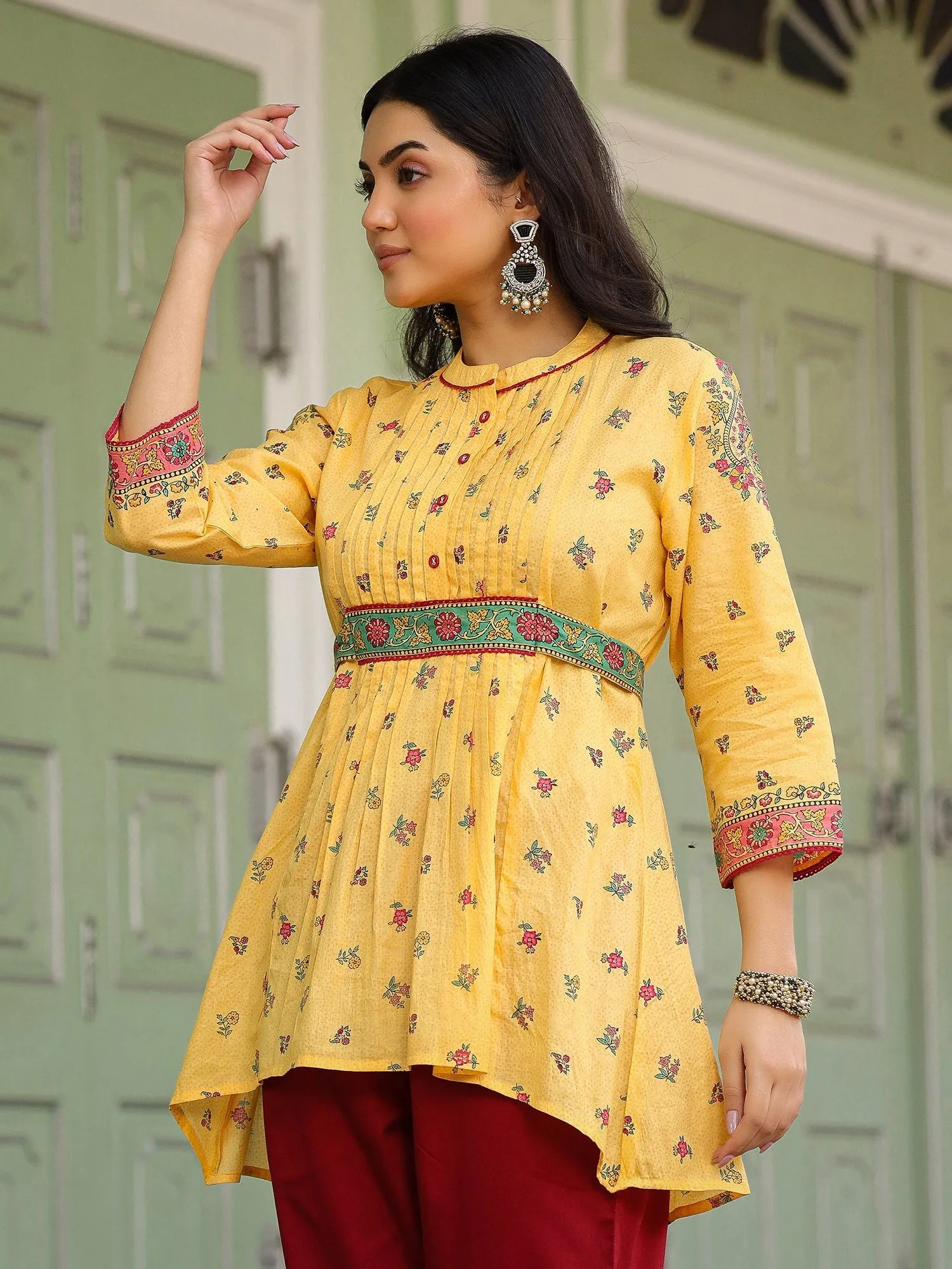 Jashvi  Mustard Floral Printed Cotton Voile Tunic With Lace Work