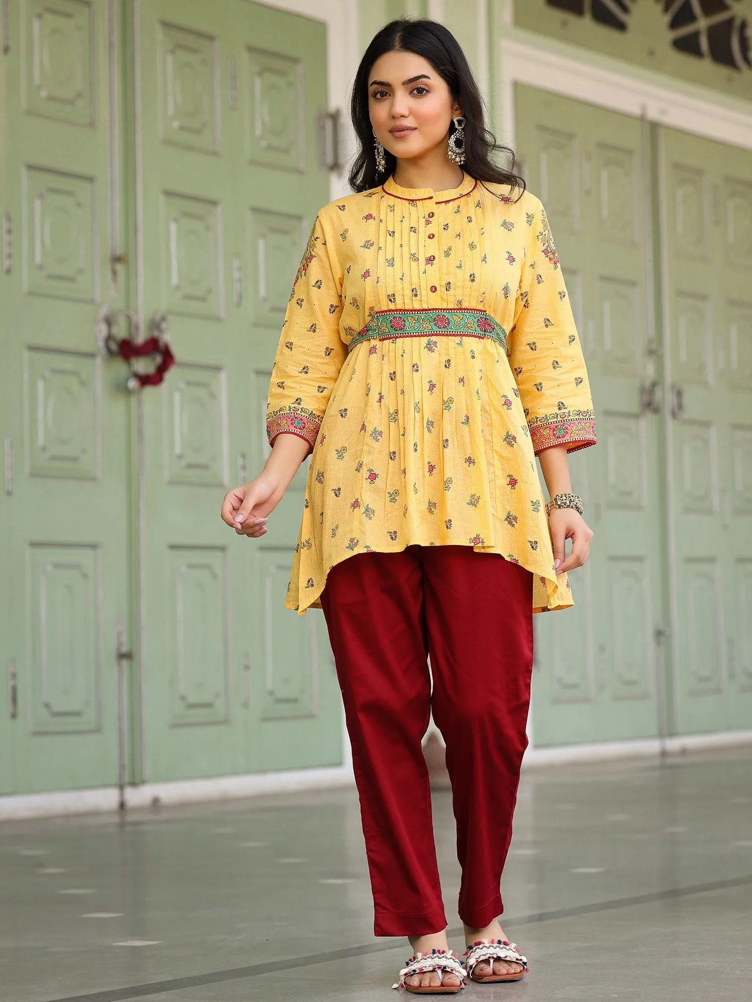 Jashvi  Mustard Floral Printed Cotton Voile Tunic With Lace Work