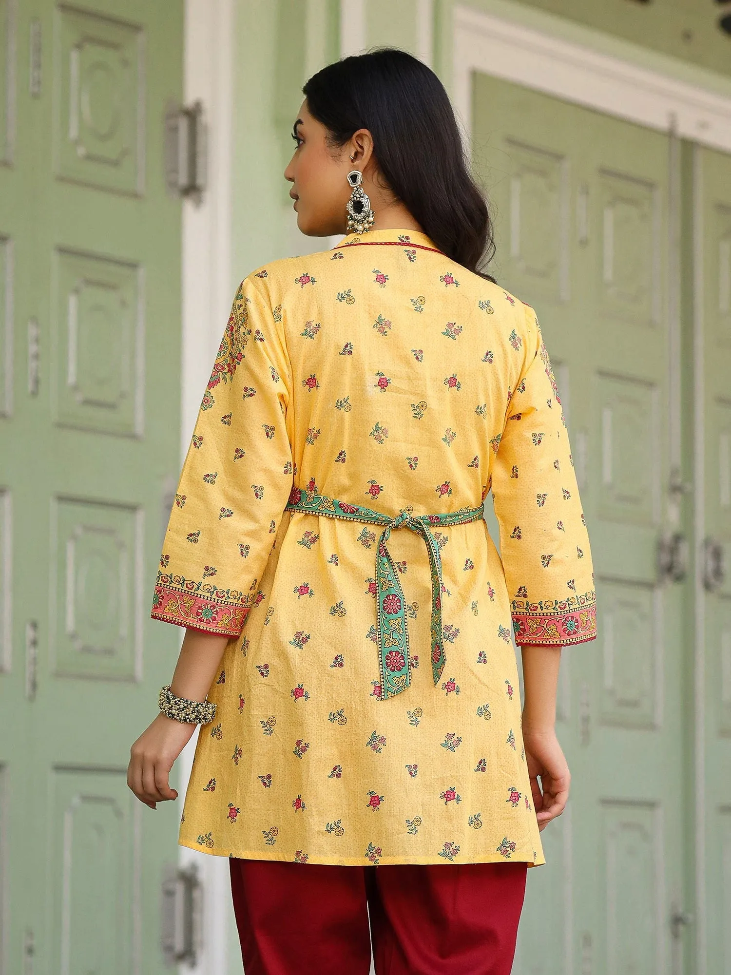 Jashvi  Mustard Floral Printed Cotton Voile Tunic With Lace Work