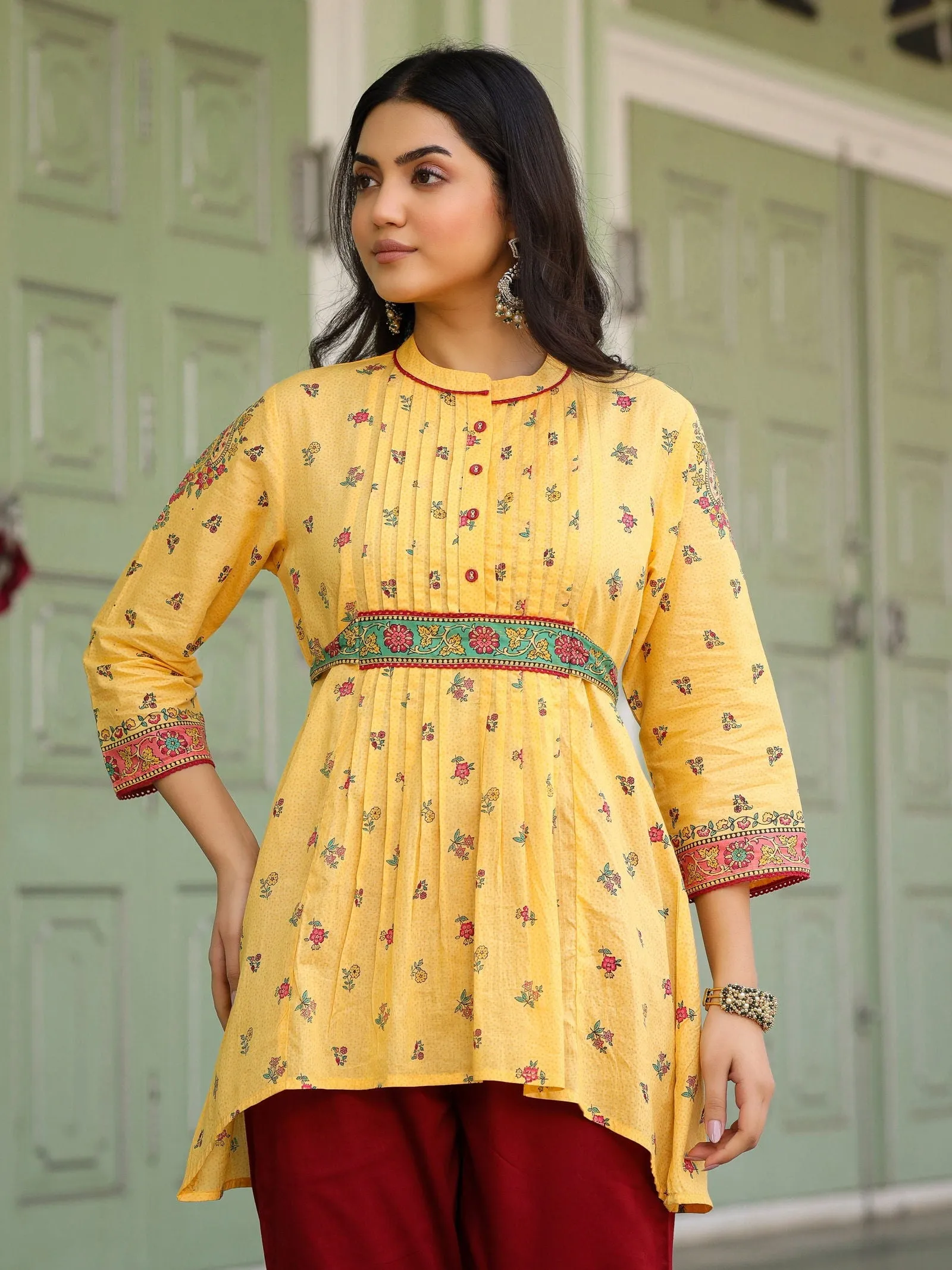 Jashvi  Mustard Floral Printed Cotton Voile Tunic With Lace Work