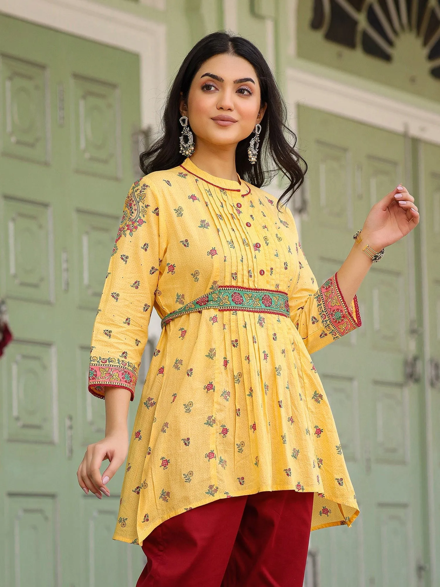 Jashvi  Mustard Floral Printed Cotton Voile Tunic With Lace Work