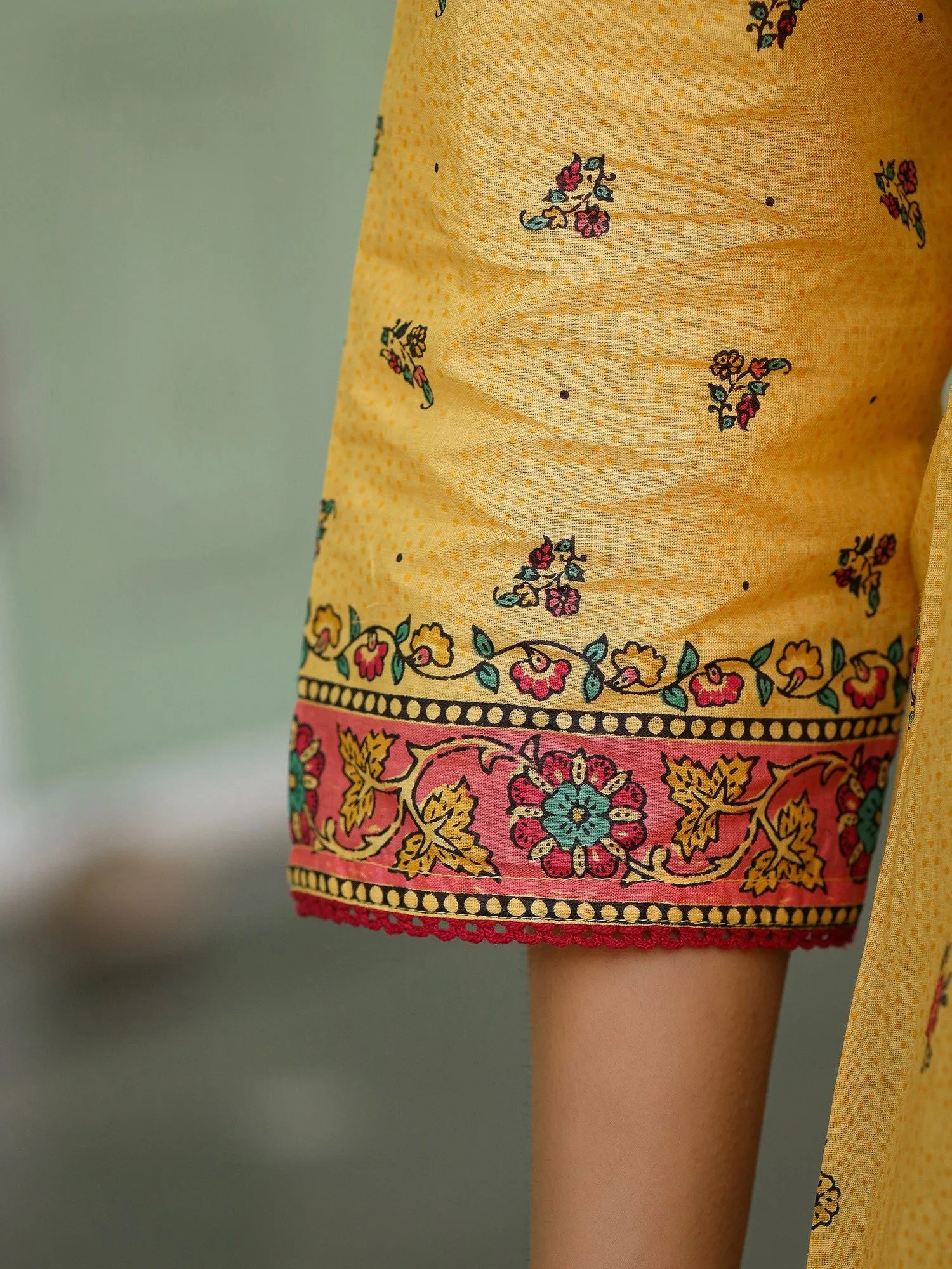 Jashvi  Mustard Floral Printed Cotton Voile Tunic With Lace Work