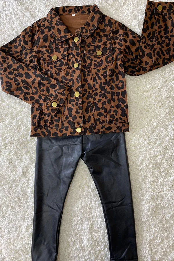 Kids Brown leopard printed long sleeve denim jacket DLH2583