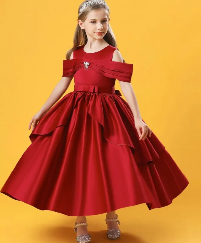 Layered Satin Girls Ball Gown Flower Girl Party Dress