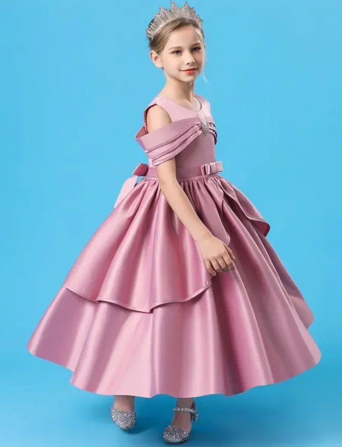 Layered Satin Girls Ball Gown Flower Girl Party Dress