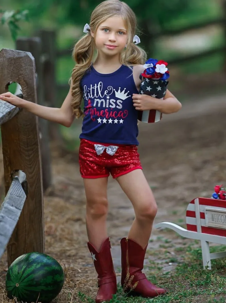 Little Miss America Bow Top And Sequin Short Set