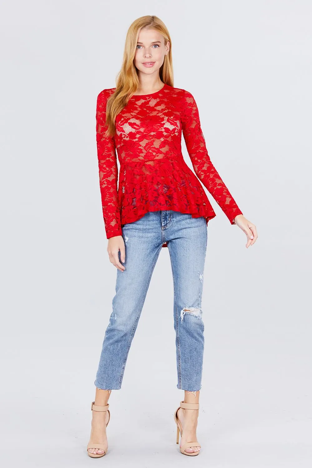 Long Sleeve Round Neck Peplum Lace Top