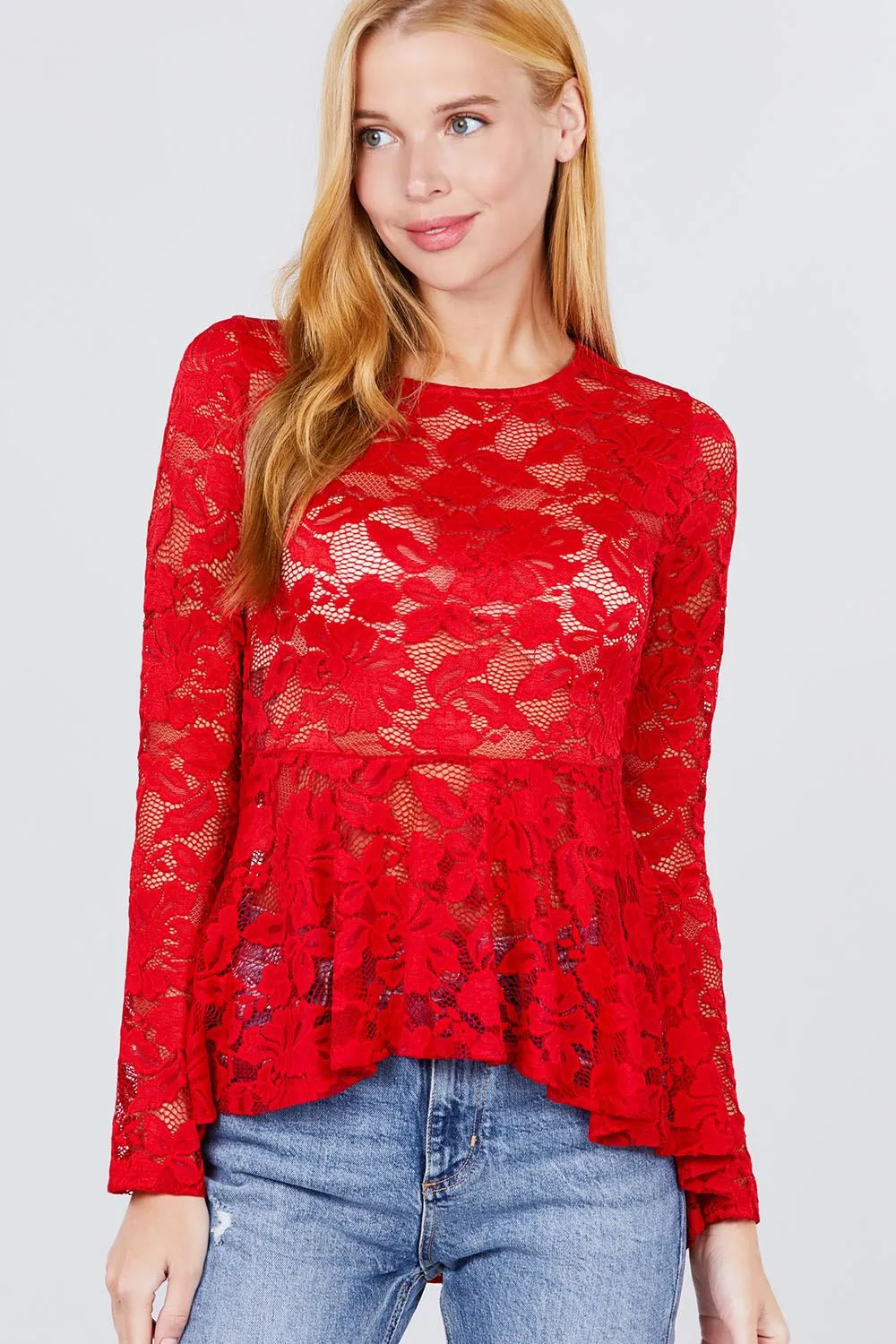 Long Sleeve Round Neck Peplum Lace Top