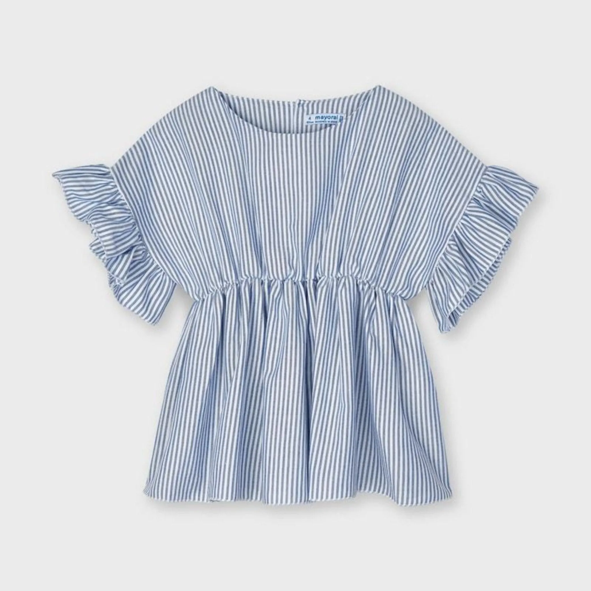 Mayoral Girls Ruffled Sleeves Striped Short Sleeve Blouse