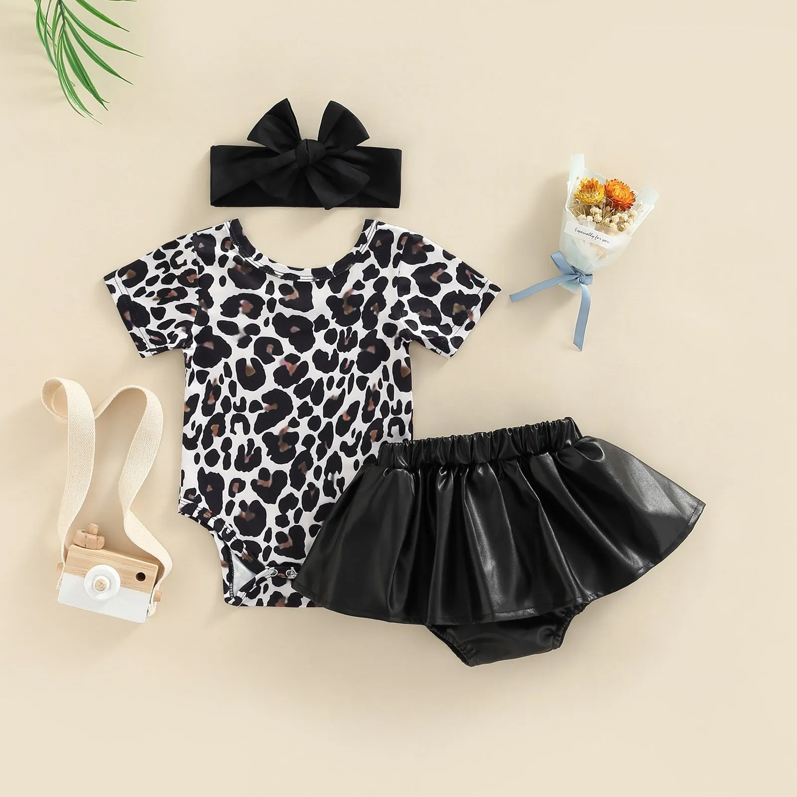 Minx - Leopard Printed Romper & Leather Skirt - Girls  Clothing Set