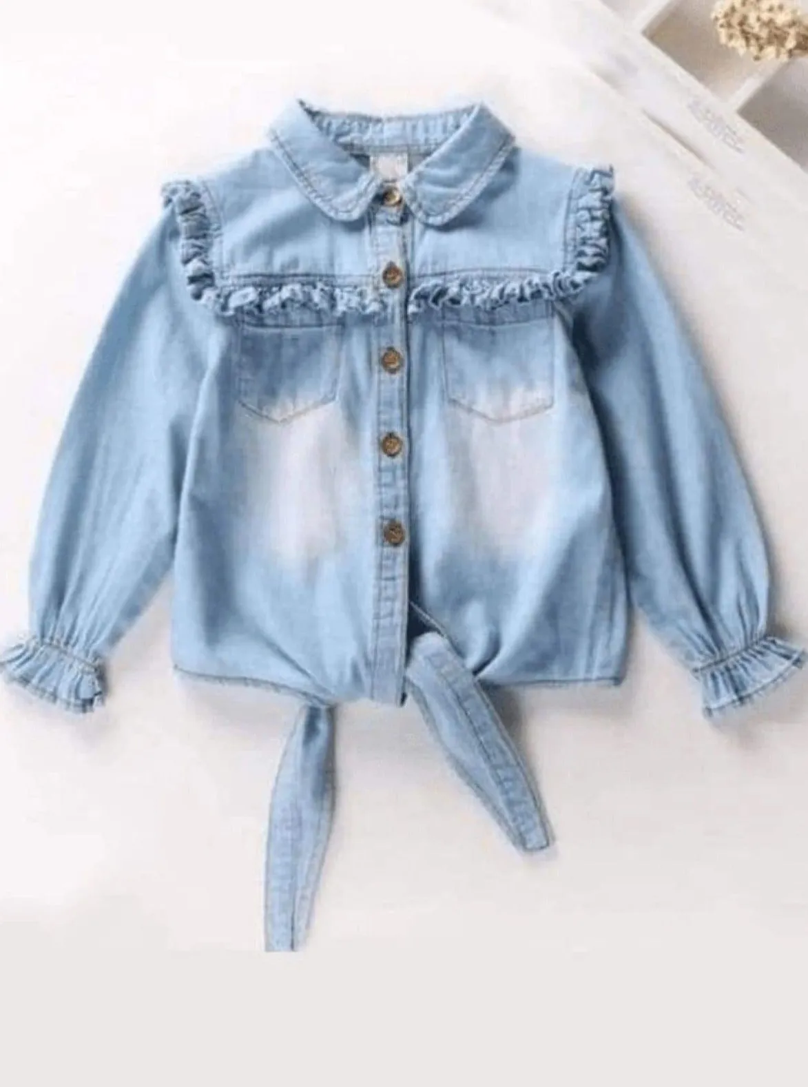 On The Range Ruffled Denim Knot Hem Top