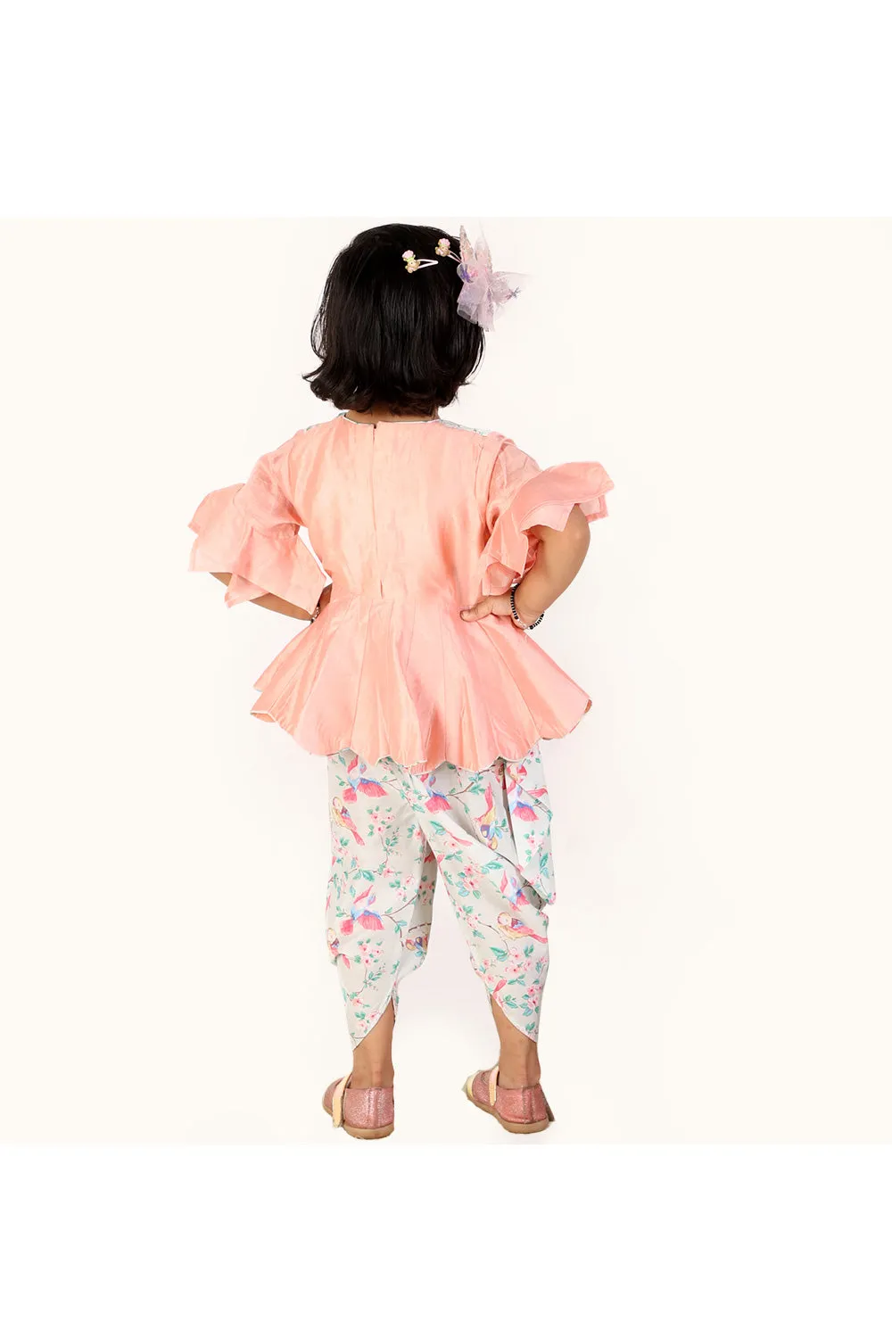 Peach Pearl Embroidered Peplum Top With Bird Printed Dhoti Set