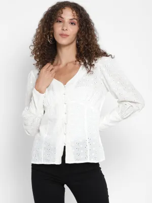 Porsorte Women White Bishop Sleeves Cotton Schiffli Shirt