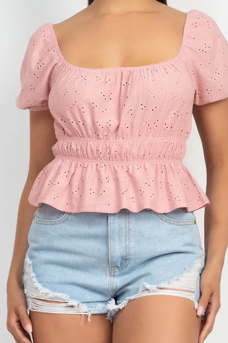 Puff Sleeve Eyelet Peplum Top