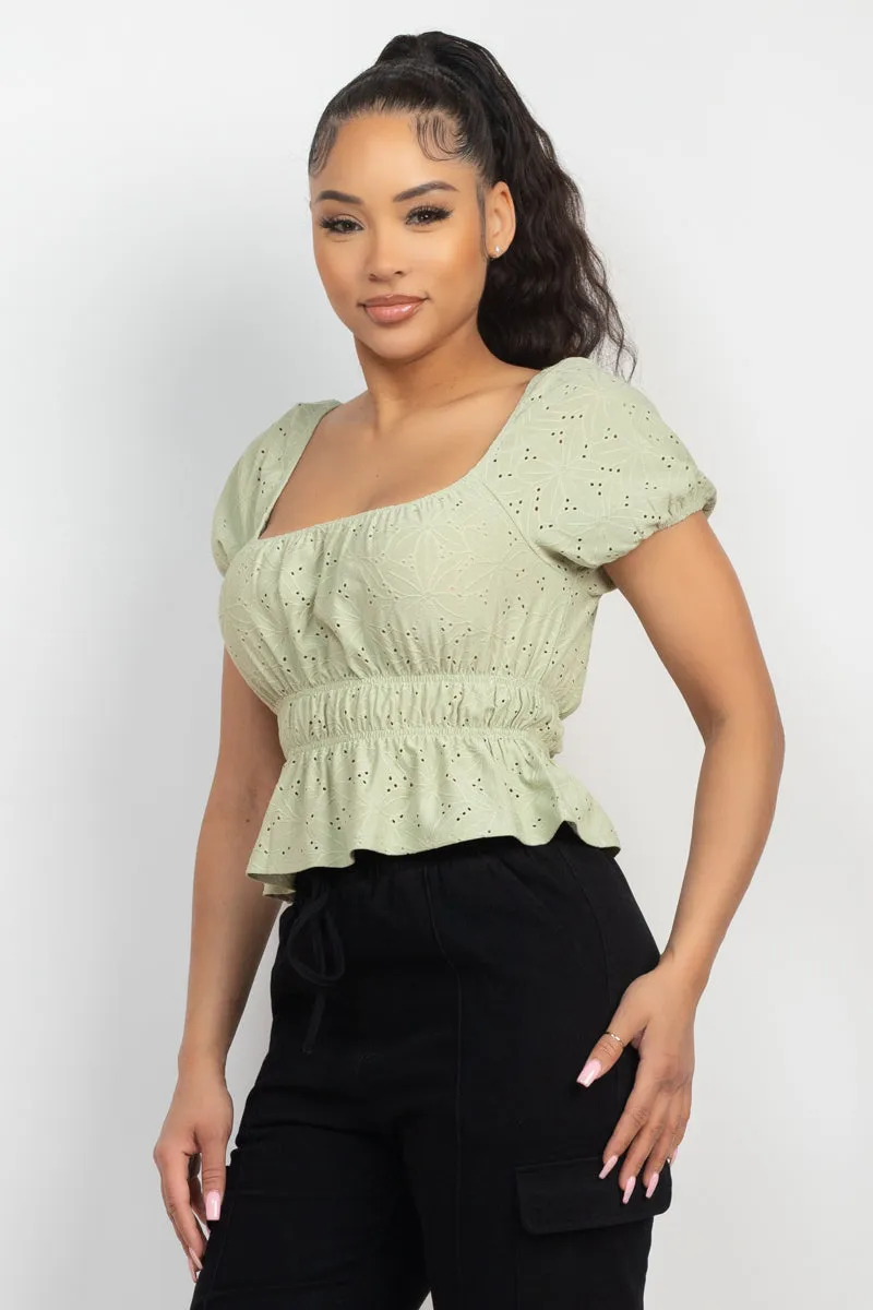 Puff Sleeve Eyelet Peplum Top