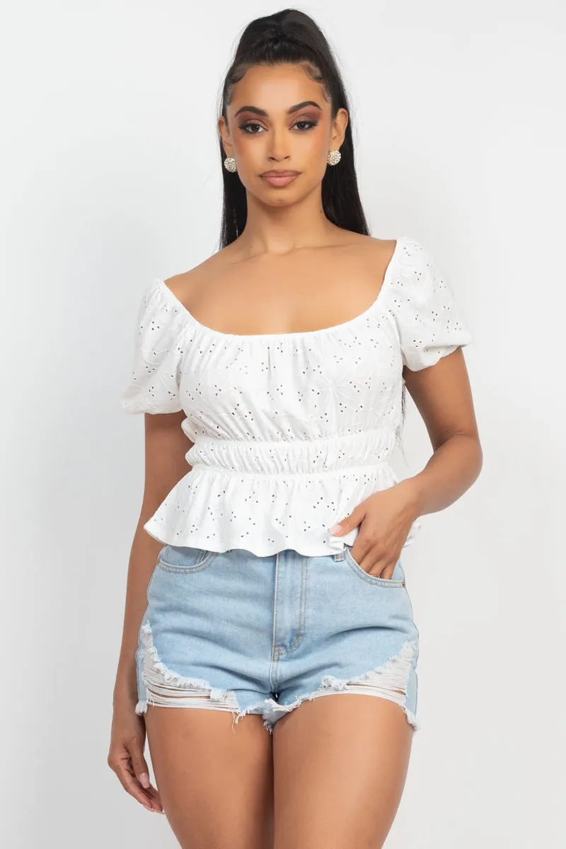 Puff Sleeve Eyelet Peplum Top