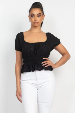 Puff Sleeve Eyelet Peplum Top