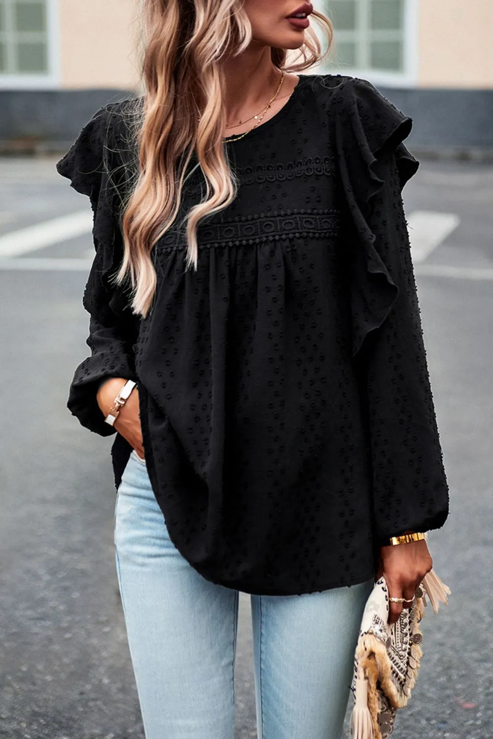 Ruffle Trim Balloon Sleeve Blouse