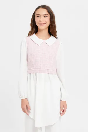 Senior Girls Pink And White Collared Tweed Tunic