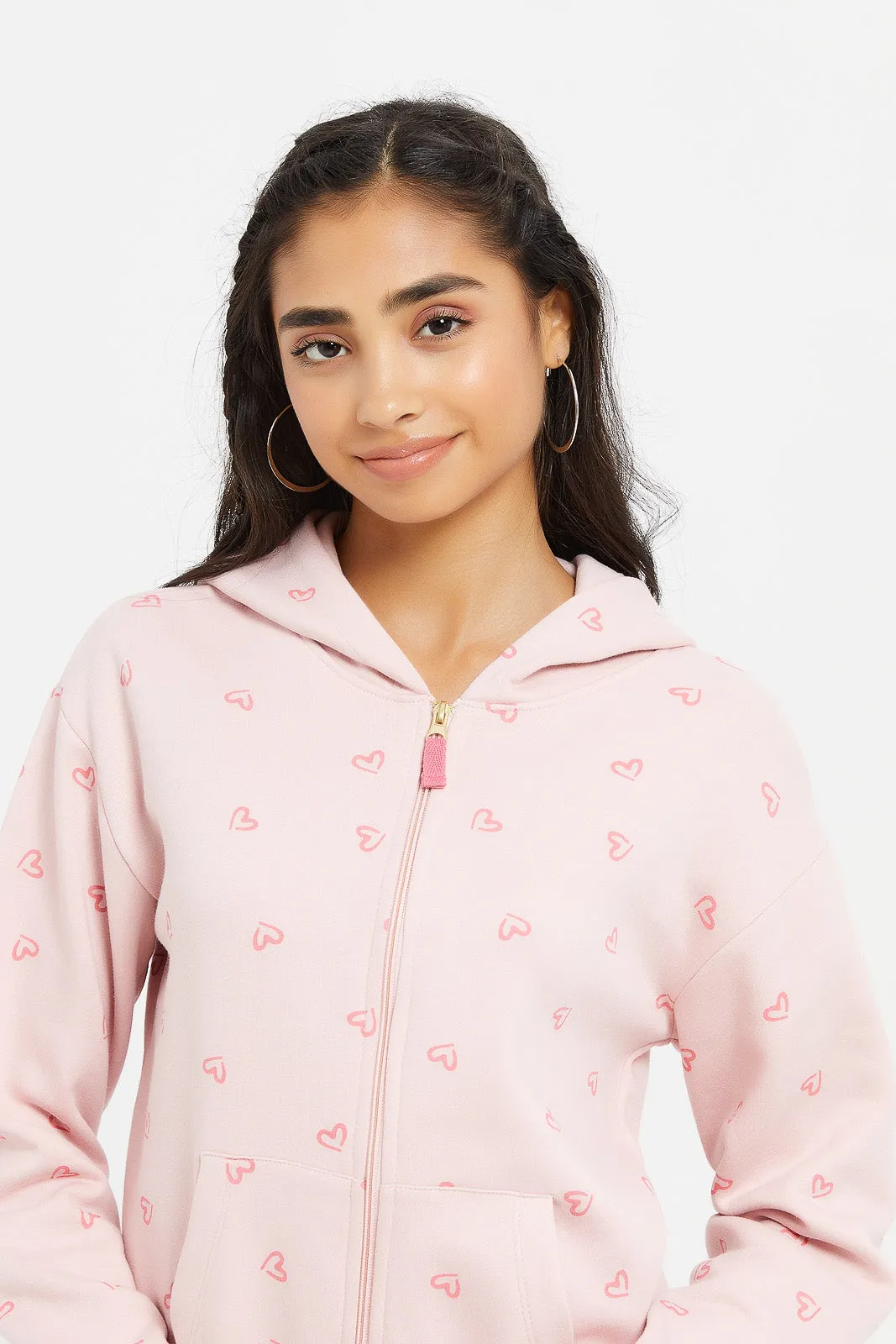 Senior Girls Pink With White Heart Hoody Sweatshirts