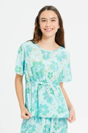 Senior Girls Teal Floral Pleated Peplum Top