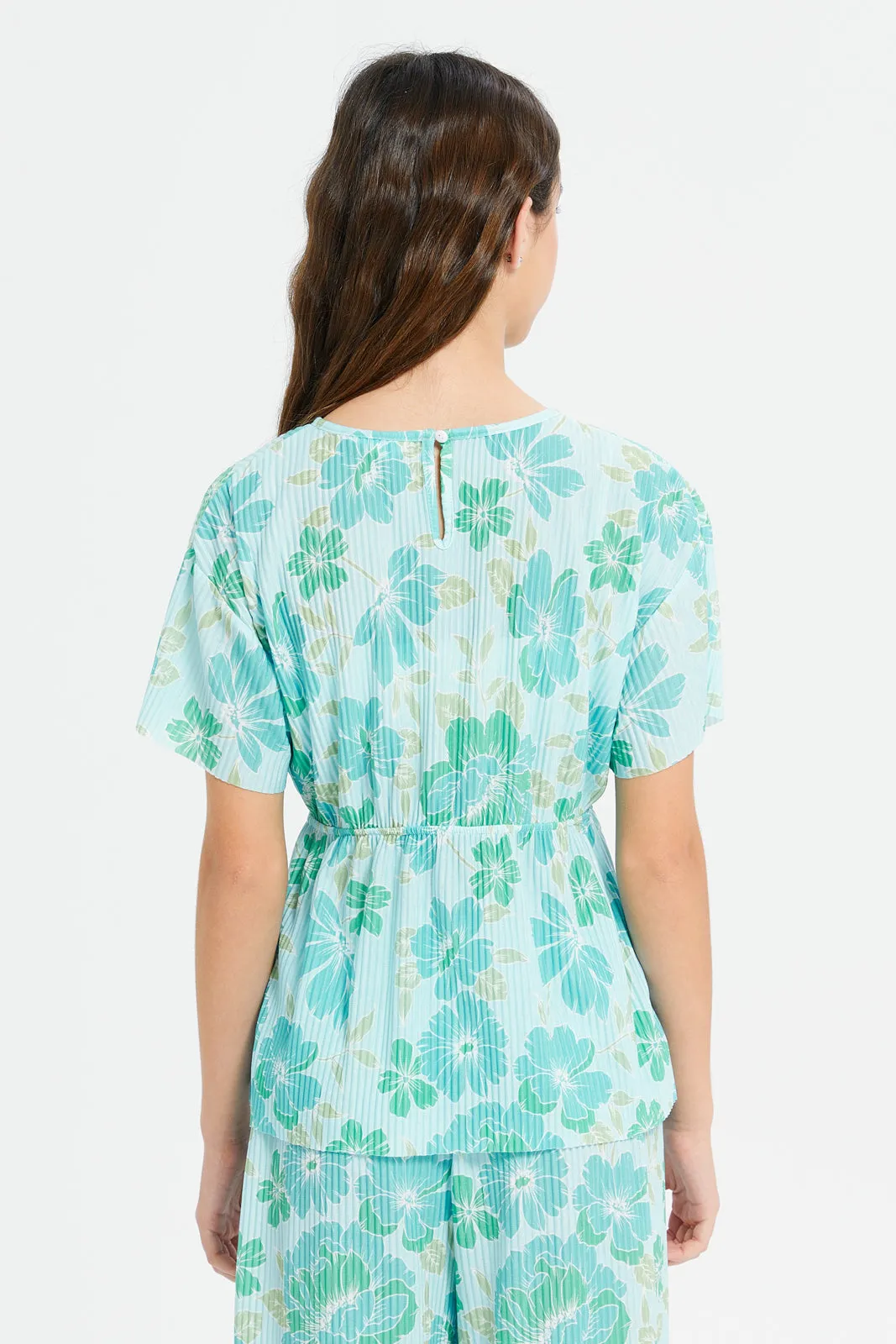 Senior Girls Teal Floral Pleated Peplum Top