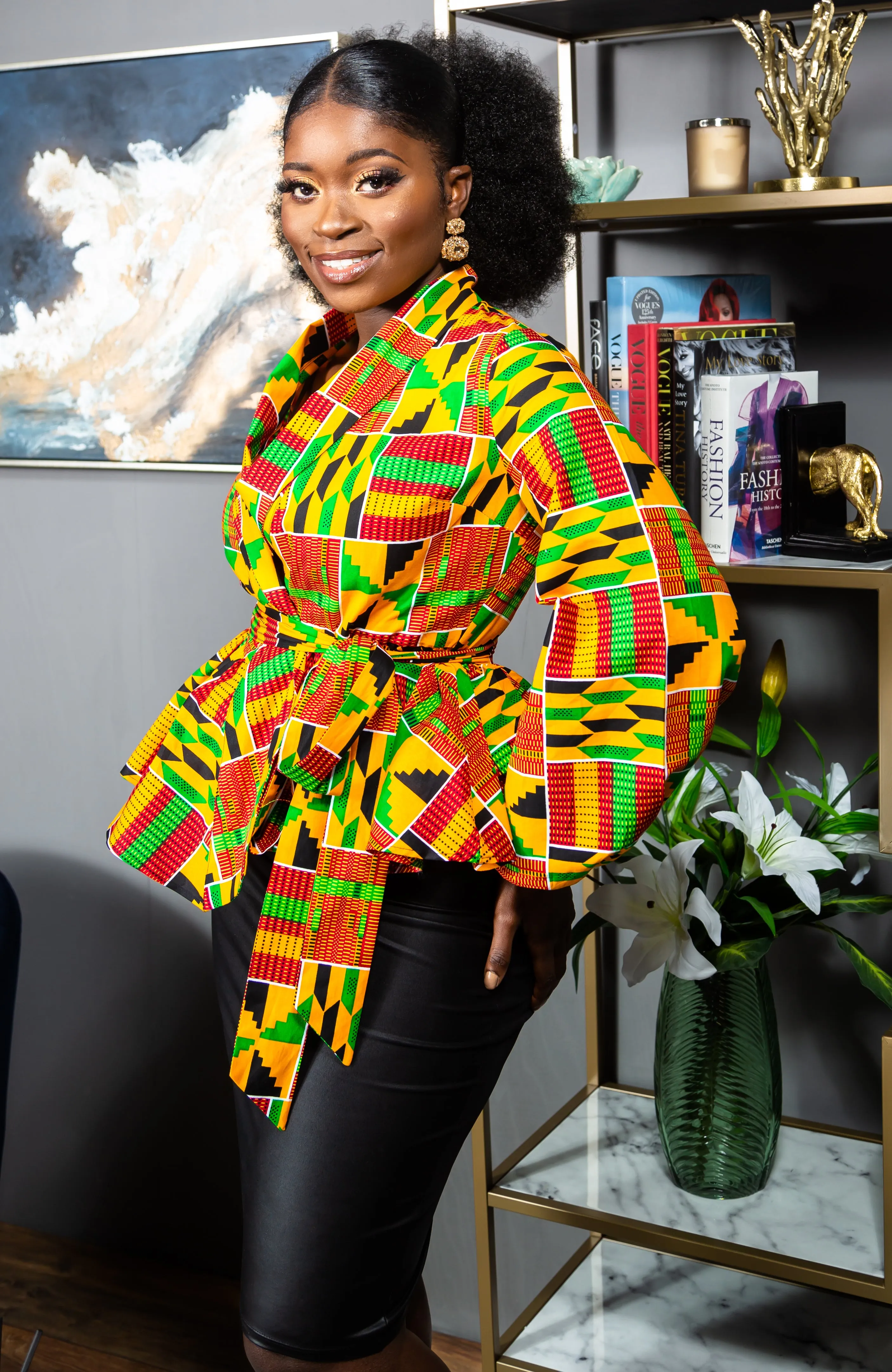 Shawl Collar Peplum Wrap blouse | African Print Tops - KENYA