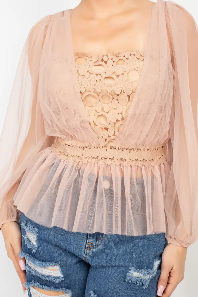 Sheer Mesh Crochet Peplum Top