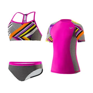 SPEEDO Girls Poptical Stripes Rashguard 3PC Set (7-16)