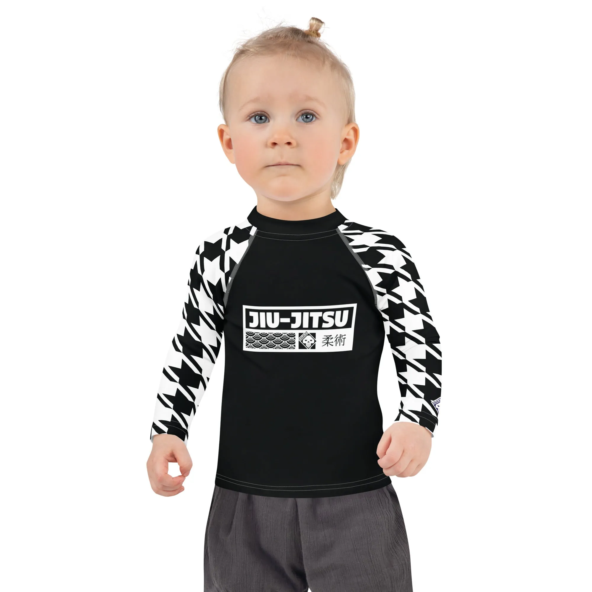 Sporty Style: Houndstooth Jiu-Jitsu Long Sleeve Rash Guard for Girls' BJJ