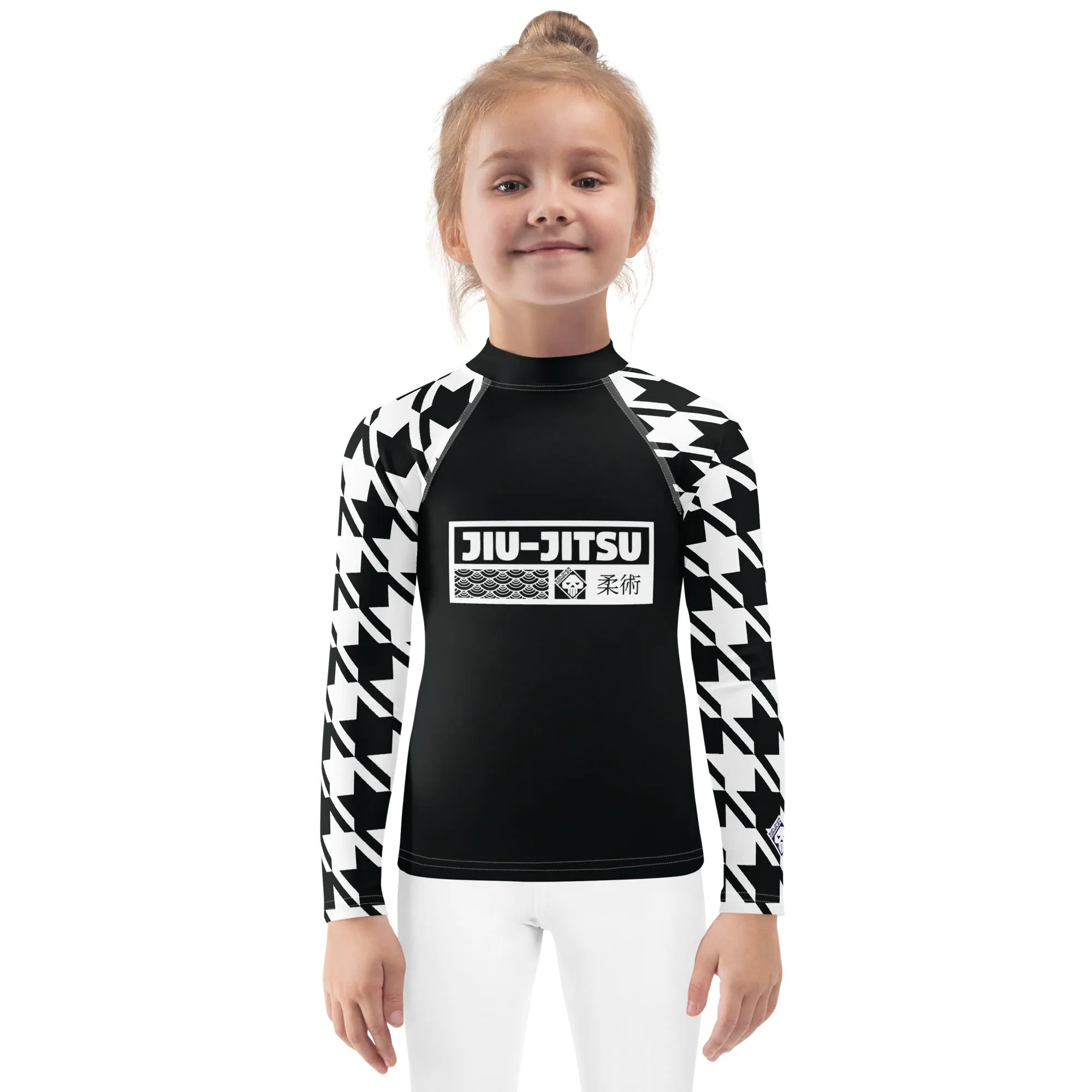 Sporty Style: Houndstooth Jiu-Jitsu Long Sleeve Rash Guard for Girls' BJJ