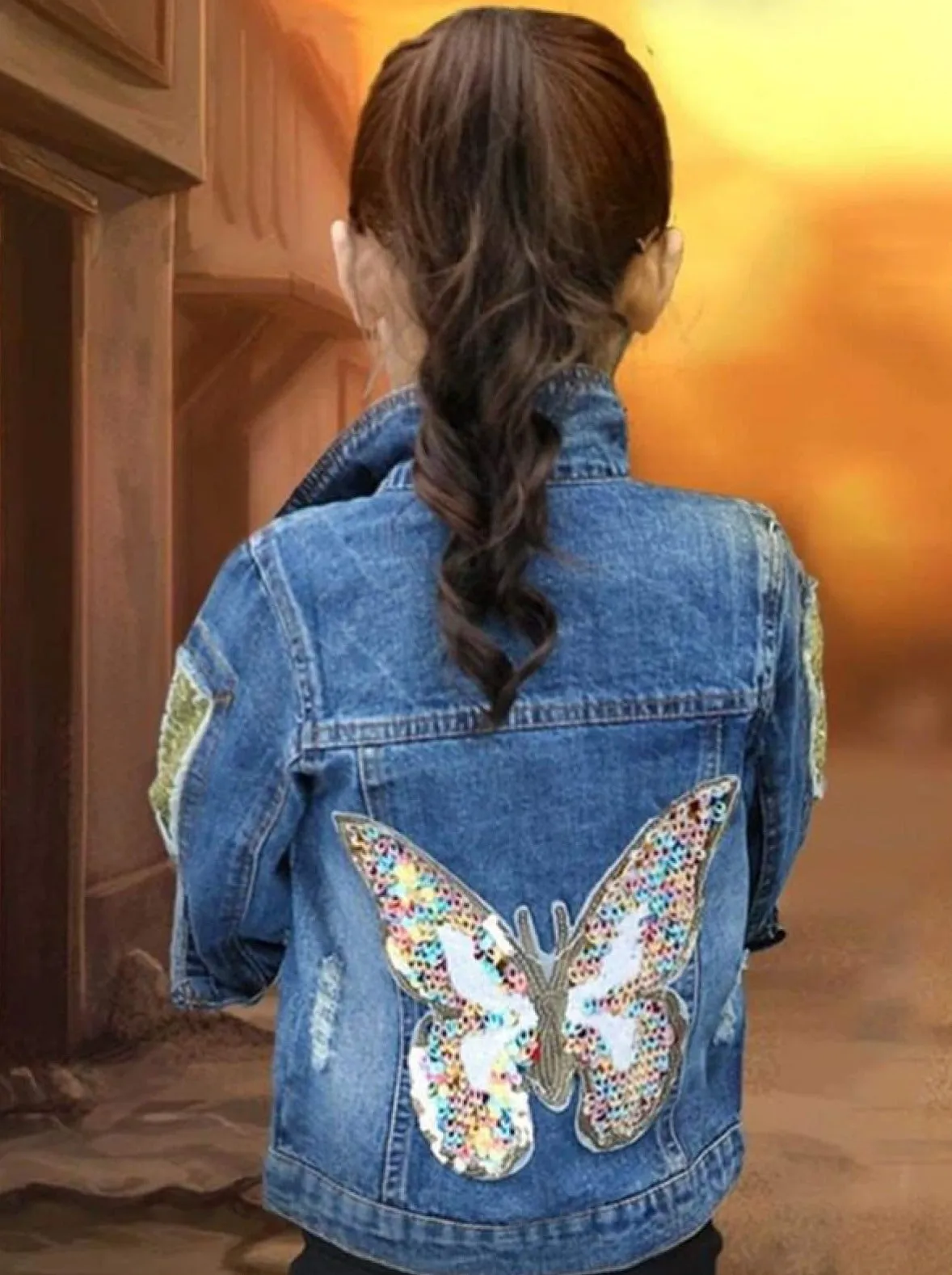 Studded Sequin Butterfly Denim Jacket