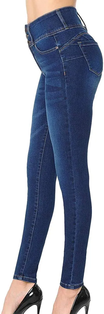 Wax Women's Push-Up High-Rise Skinny Jeans with Multi-Button Waistband