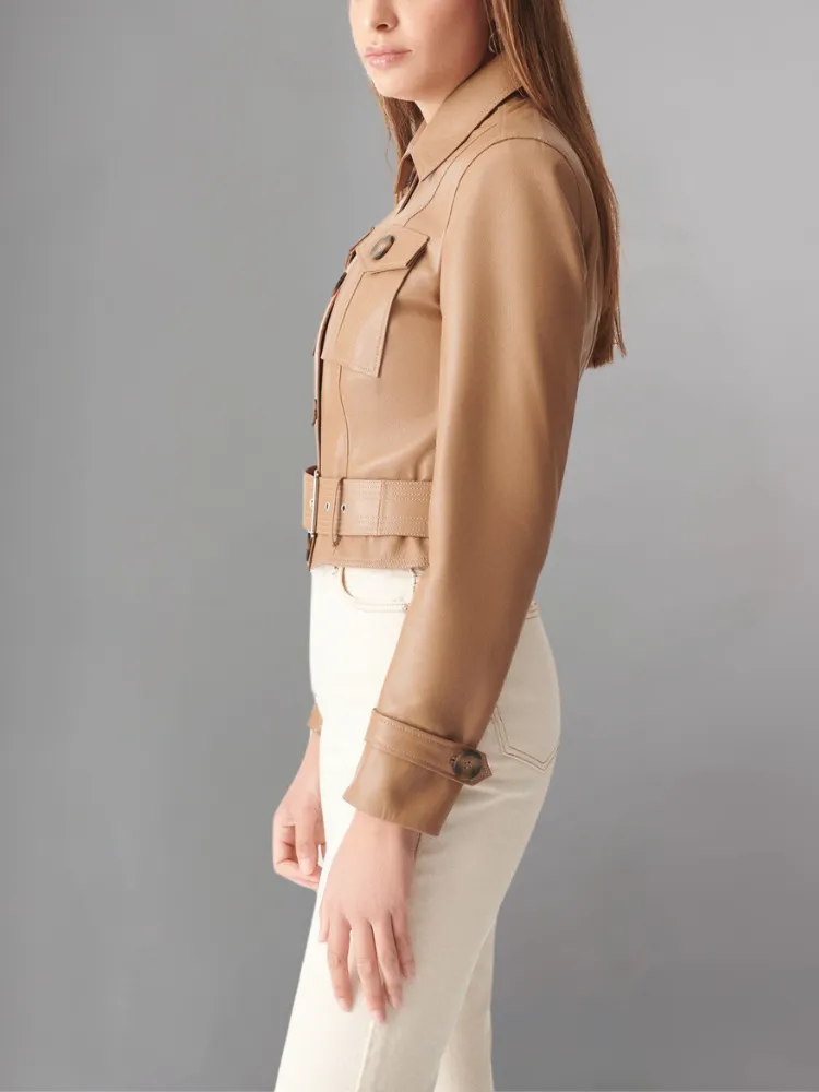 Womens Sporty Style Camel Leather Jacket