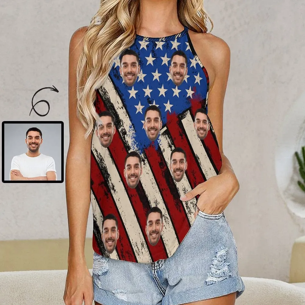 Women's Top with Custom Face American Flag Summer Halterneck Strapless Vest Print Tank Tops with Photo for Independence Day