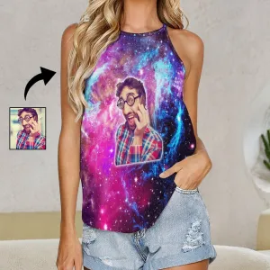 Women's Tops with Custom Face Starry Sky Summer Halterneck Strapless Print Galaxy Vest Shirts Loose Tank Tops